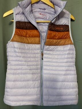 cotopaxi Light Lavender Puffer Vest with Rust and Brown Yoke